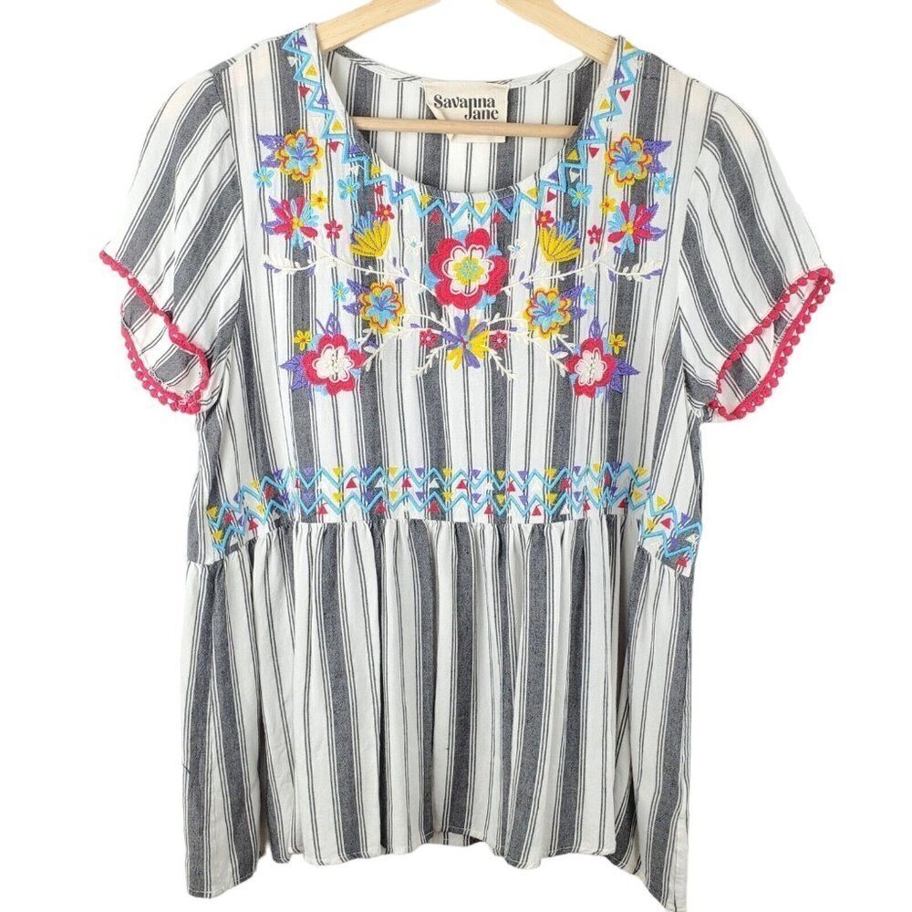 Savanna Jane Size S Peasant Blouse Striped  Southwestern‎ Embroidered Bib